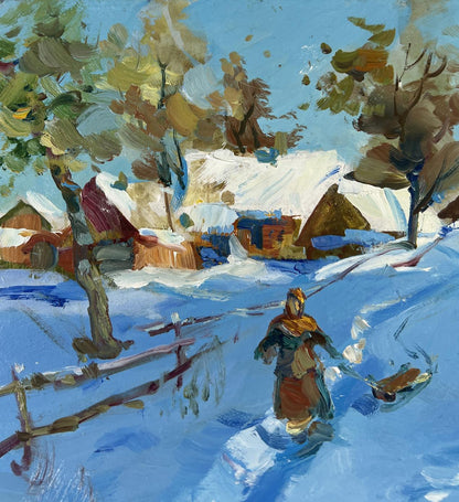 Oil painting Winter’s Evening Tale by Yuriy Suprunchuk: sled in snowy village