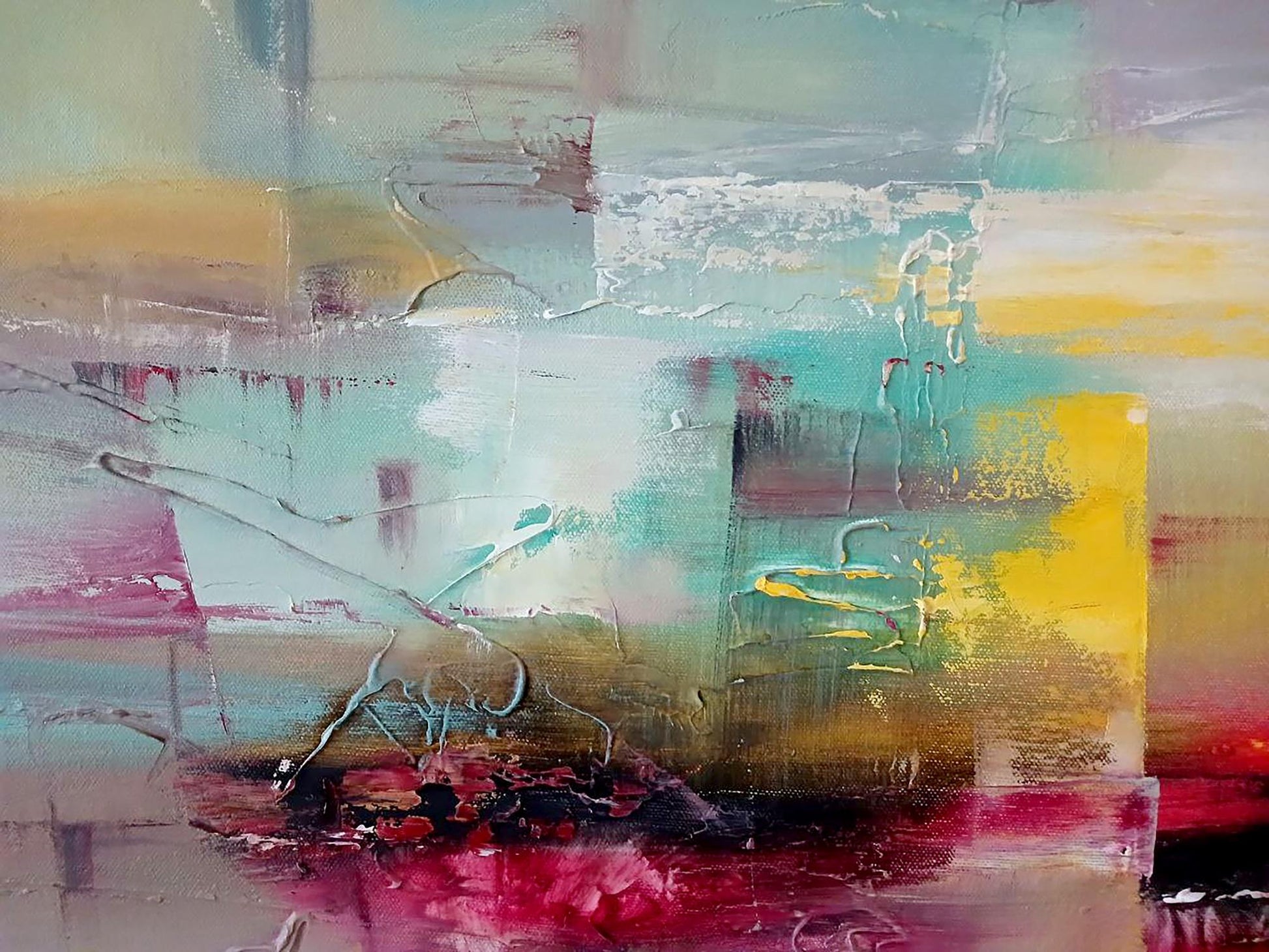 Abstract Evening oil painting by Anatoly Tarabanov in teal, yellow, pink, earth tones