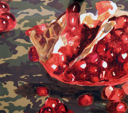 Oil painting of vibrant red pomegranate by Ed Potapenkov