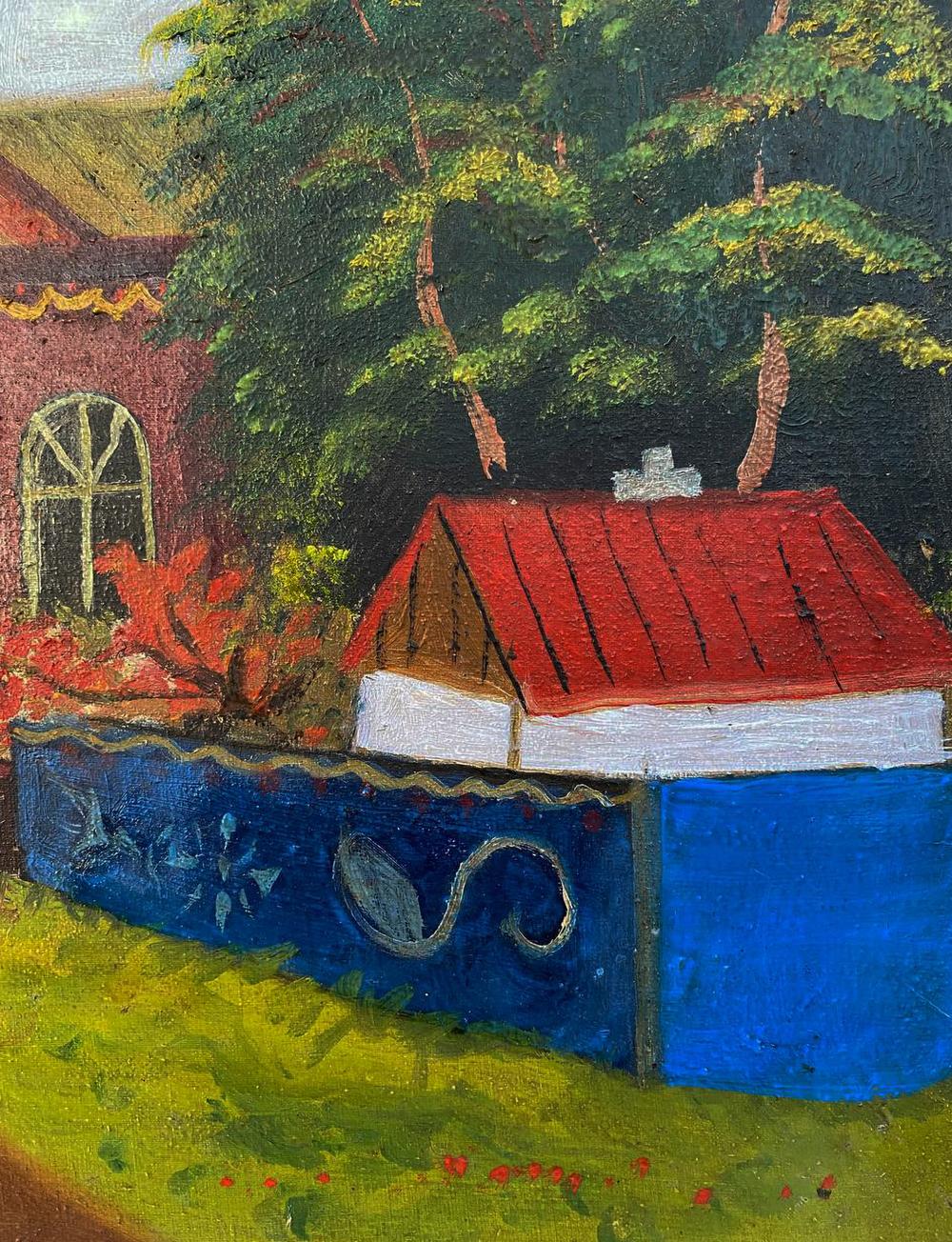 Oil painting of blue fence with white swirls by unknown artist