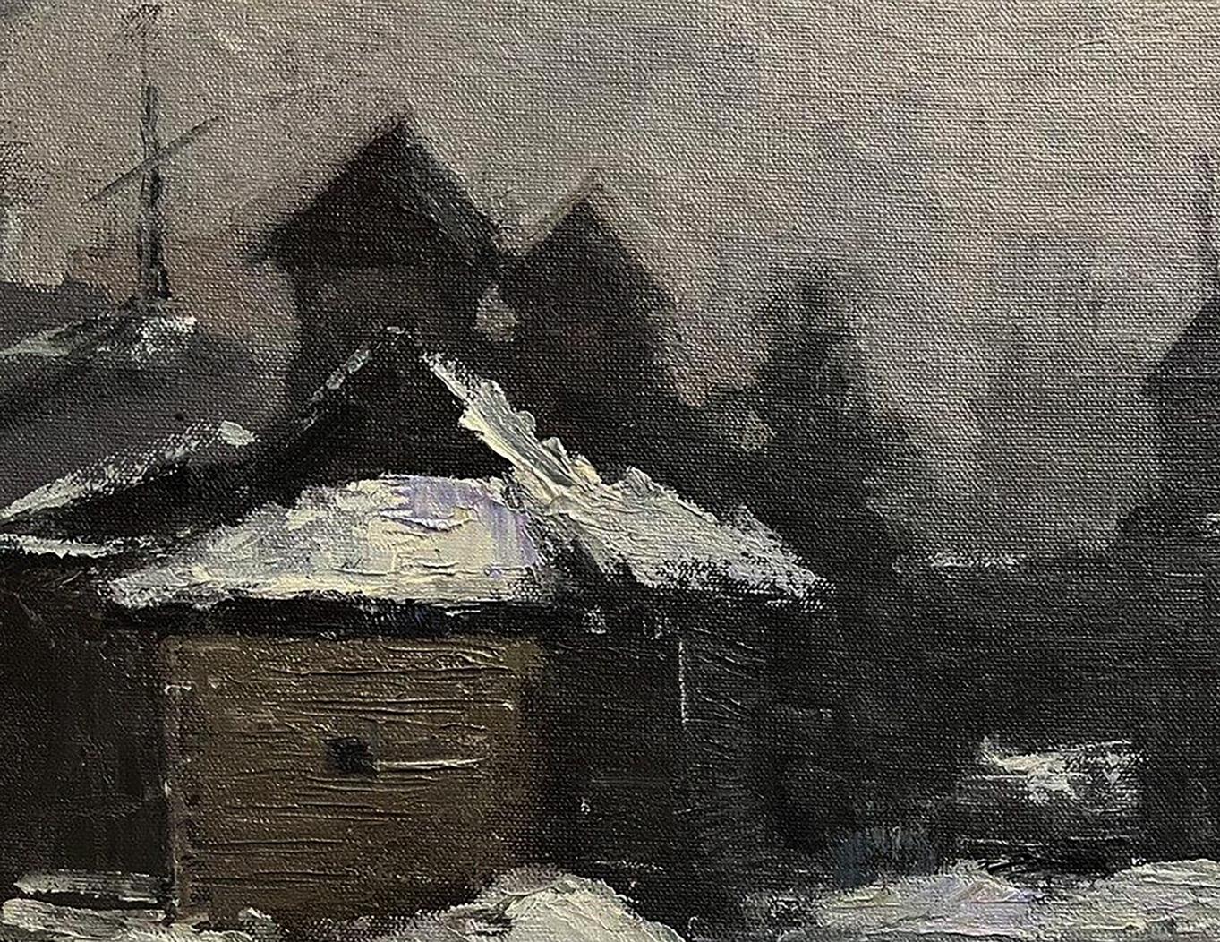 Oil painting Swedish grave by Volodymyr Pashchenko snowy rustic shed