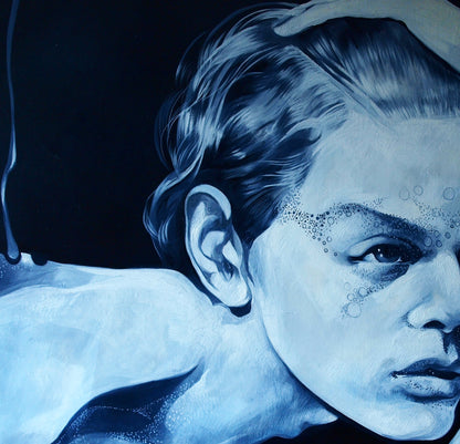 Striking blue-toned oil portrait of woman by Konsta G. Amelinn, After a hard week