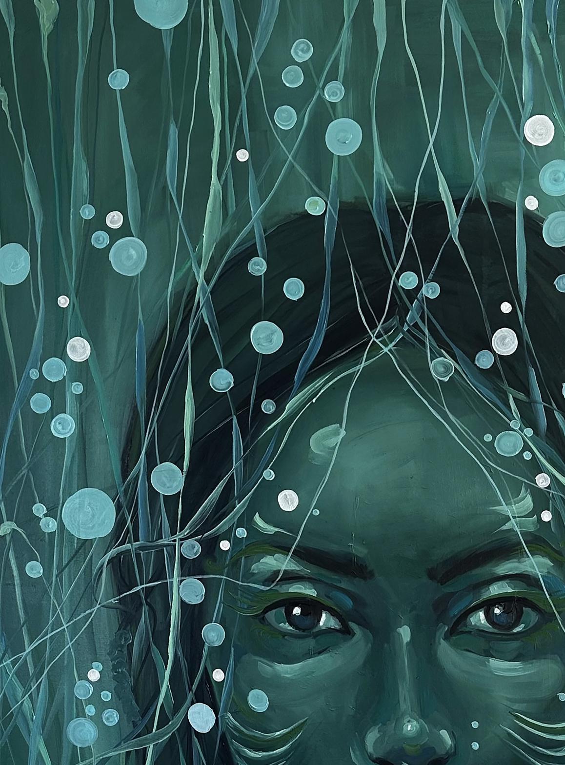 Oil painting by Victoria Kagalovska: haunting teal face in underwater scene