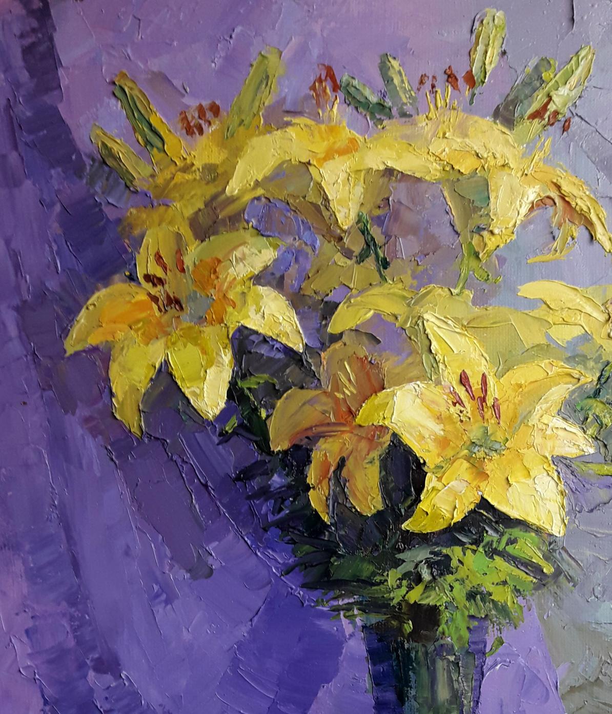 Oil painting Yellow lilies by Boris Serdyuk, vibrant impasto bouquet