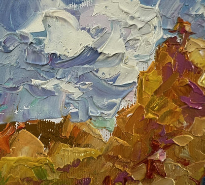 Oleksiy Ivanyuk oil painting Daytime haymaking with textured sky and landscape