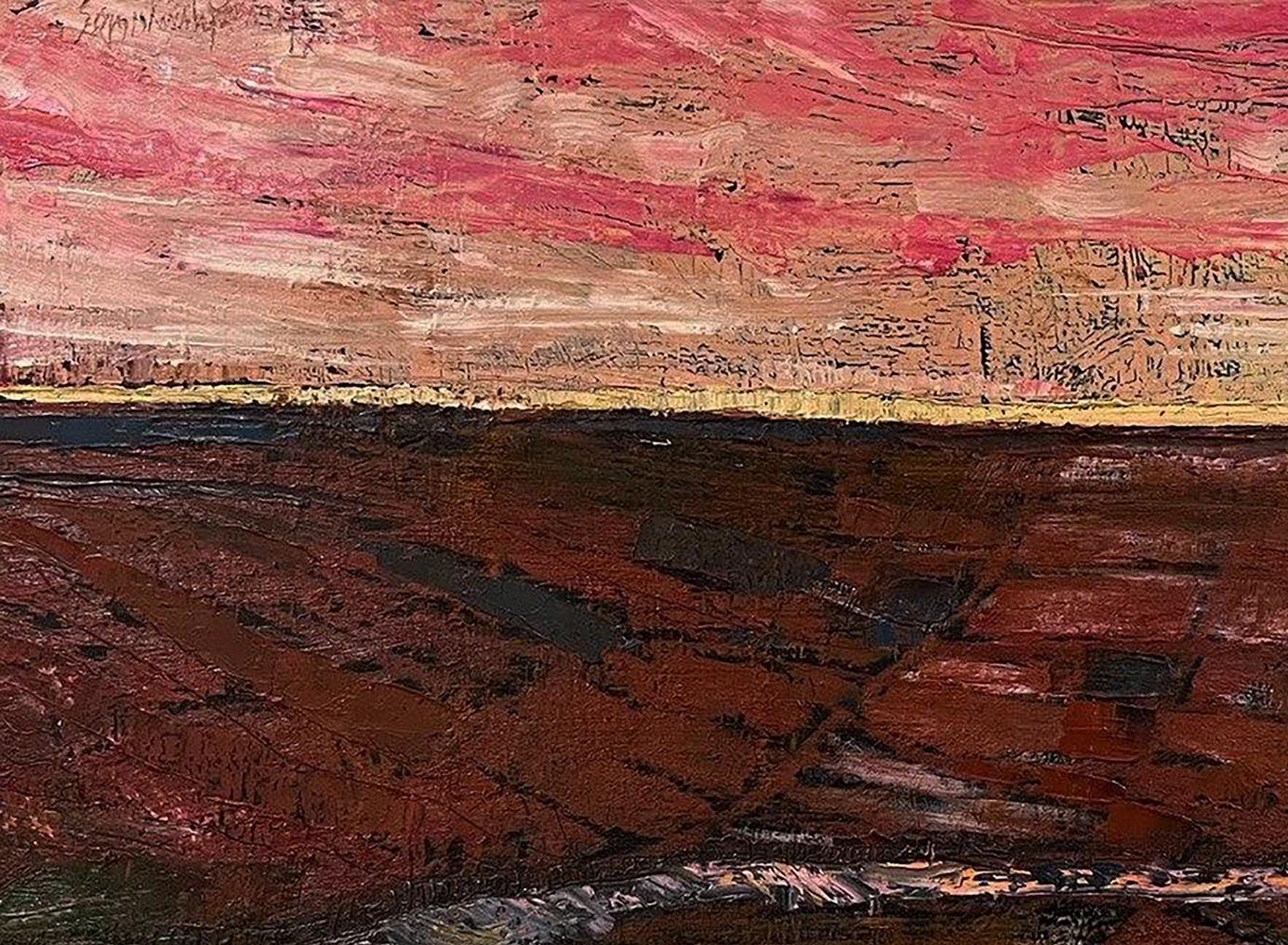 Oil painting Crimson Sunset by Serhiy Kovalev with bold red and gold strokes