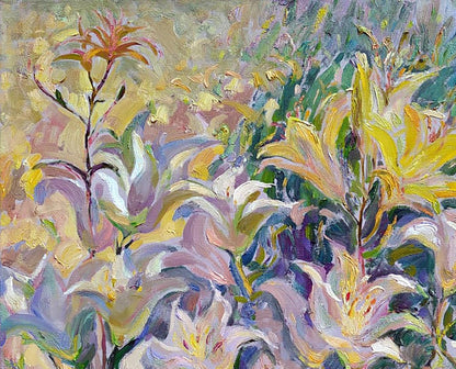 Vibrant impressionist oil painting Lilies in the garden by Leonid Pavlenko