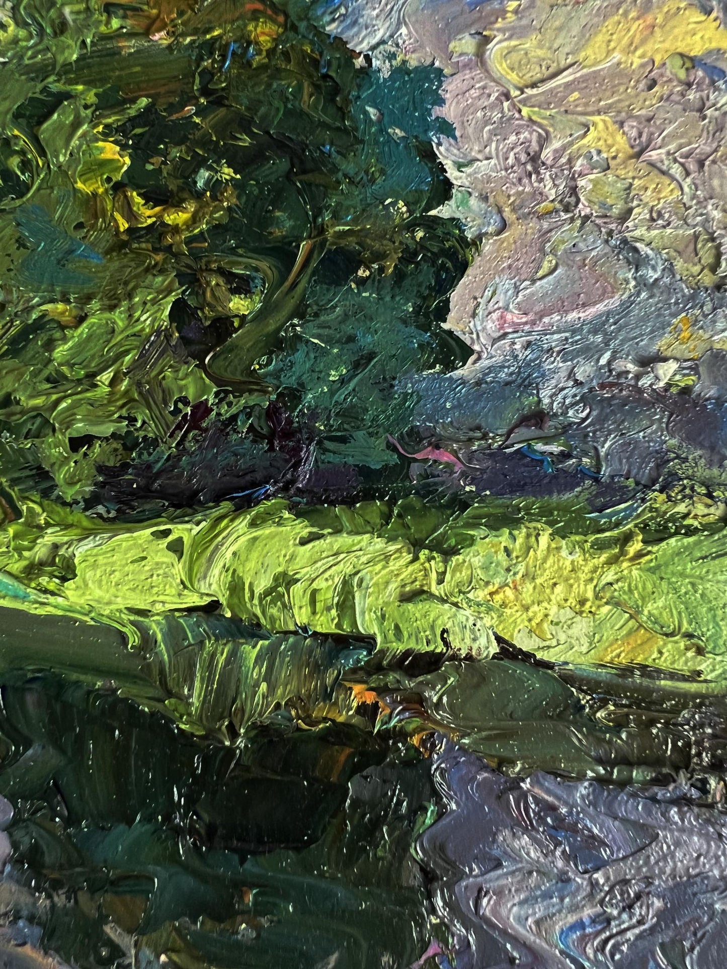 Oil painting Quiet daytime river by Boris Serdyuk with impasto green yellow layers