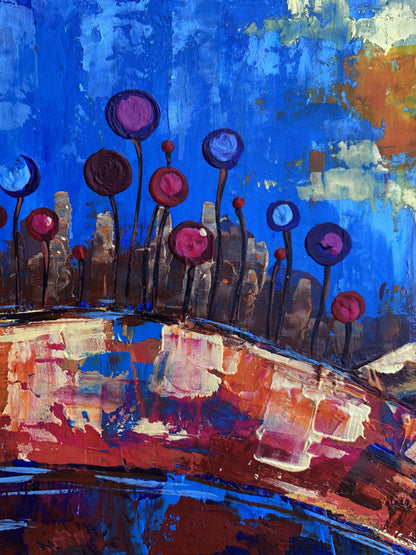 Vibrant oil painting A childhood dream by V. Zadorozhnya with colorful circular flowers