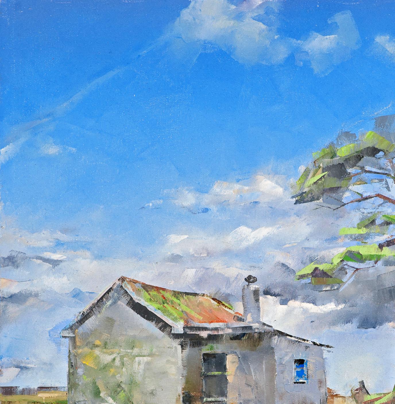 Oil painting of rustic white house with red-tiled roof by Volodymyr Gluhomanyuk