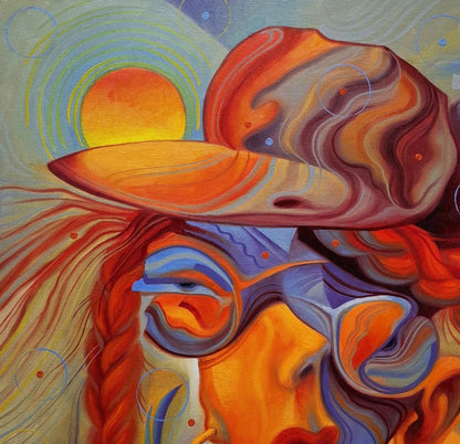 Vibrant oil painting At noon in summer by Sergiy Voichenko with orange swirl hat