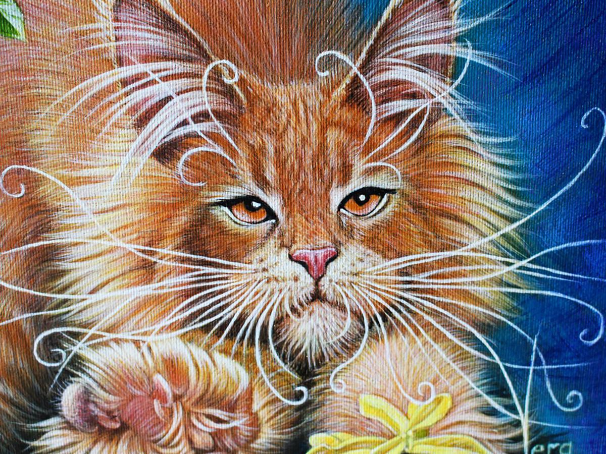 Oil painting of fluffy orange tabby cat by Lapusic sorcerer Vira Goncharenko