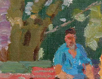 Oil painting by Yury Konovalov: man in blue shirt under trees