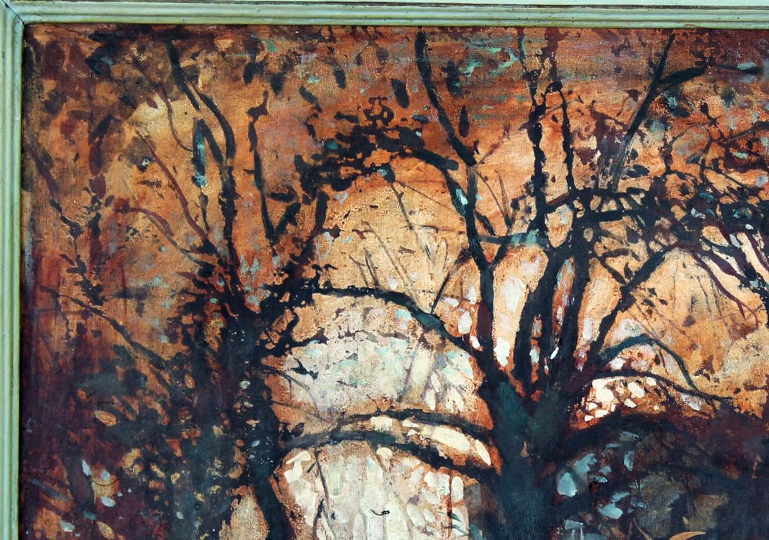Oil painting One day in the park by Ed Potapenkov, dark tree branches on orange brown background