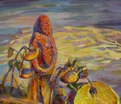 Oil painting Millstone of Time by Leonid Pavlenko with figure and sunflowers