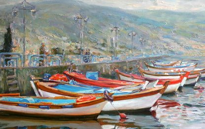 Oil painting by Leonid Pavlenko: colorful boats on pier