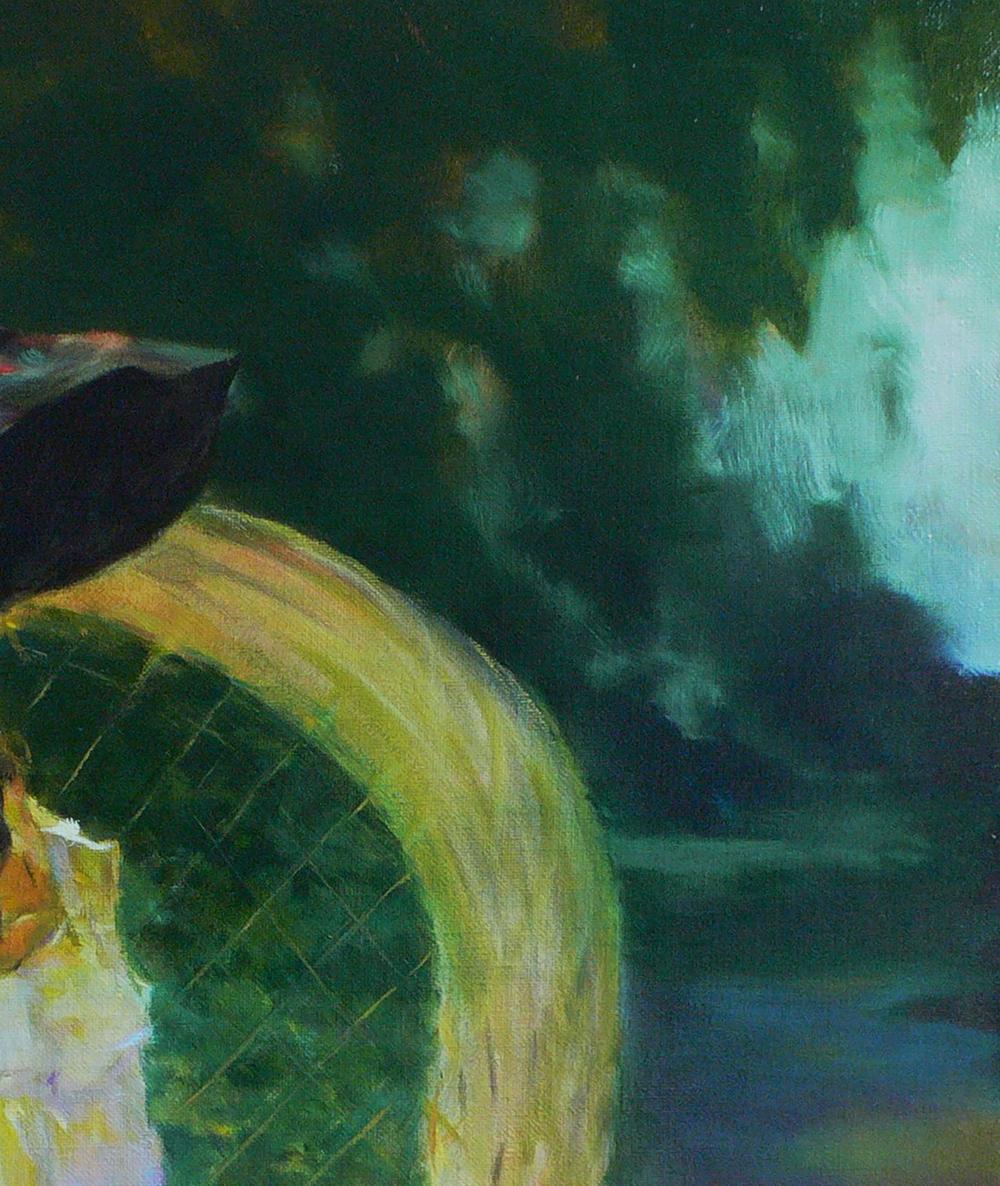 Oil painting of girl in garden by Vasily Korkishko: curved green gold archway
