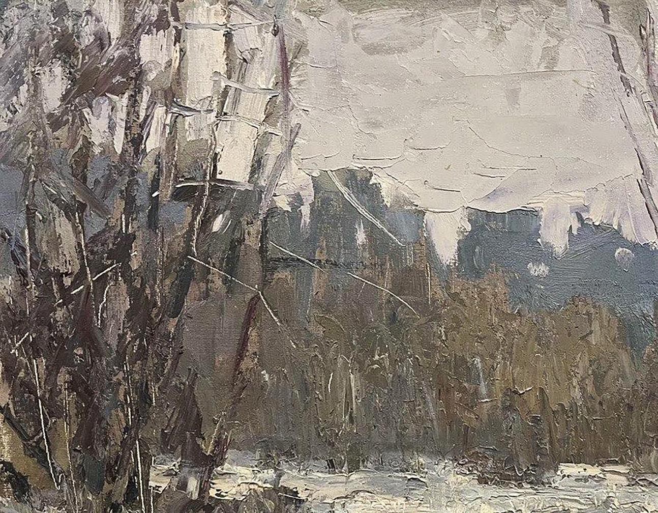 Oil painting It snowed in the forest by Volodymyr Pashchenko, textured gray landscape