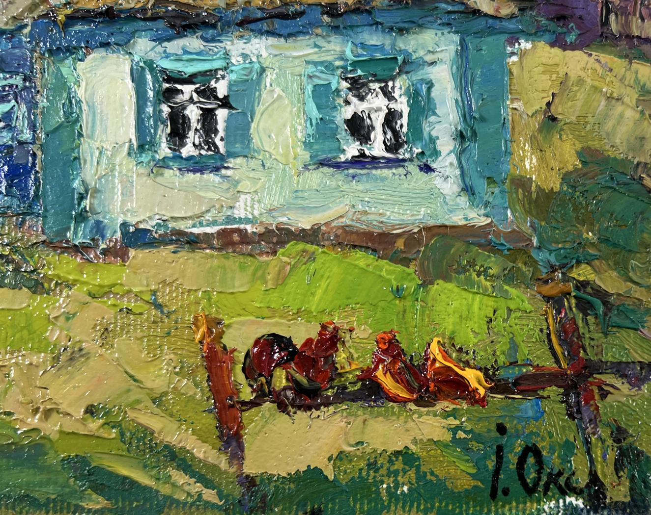 Oil painting Whispers of Spring by Oksana Ivanyuk: blue house in green fields