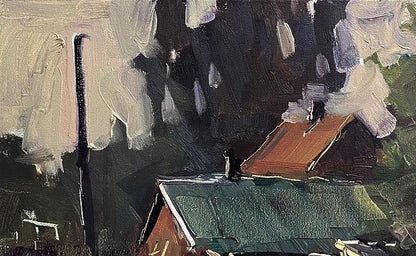 Oil painting Study in the village Volodymyr Pashchenko textured house green roof dramatic sky