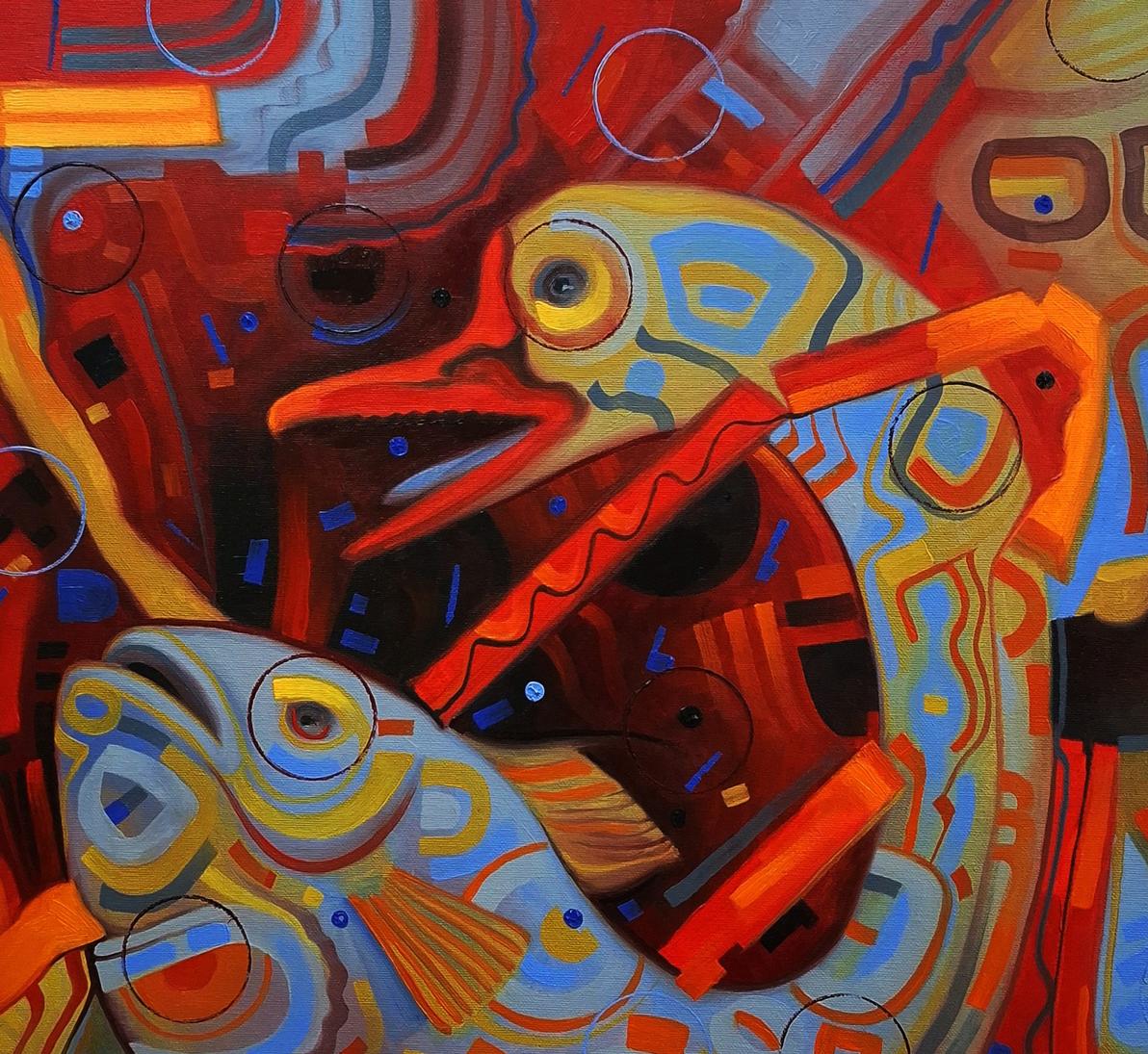 Vibrant oil painting The fish goes for a walk by Sergiy Voichenko with stylized fish