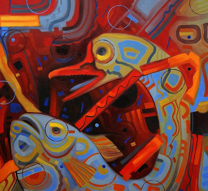 Vibrant oil painting The fish goes for a walk by Sergiy Voichenko with stylized fish