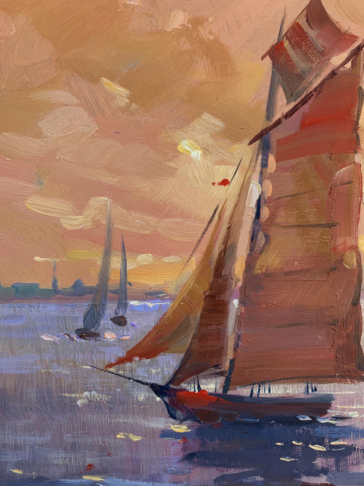 Oil painting of evening sailboat sailing at sea by Yuriy Suprunchuk