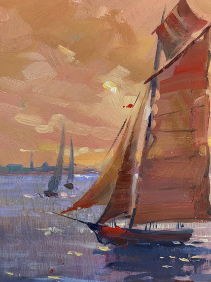 Oil painting of evening sailboat sailing at sea by Yuriy Suprunchuk