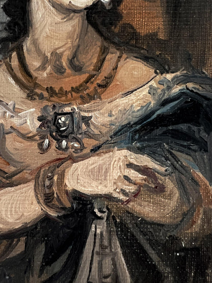 Oil painting portrait of noble woman with ornate black gem brooch by Alexander Litvinov