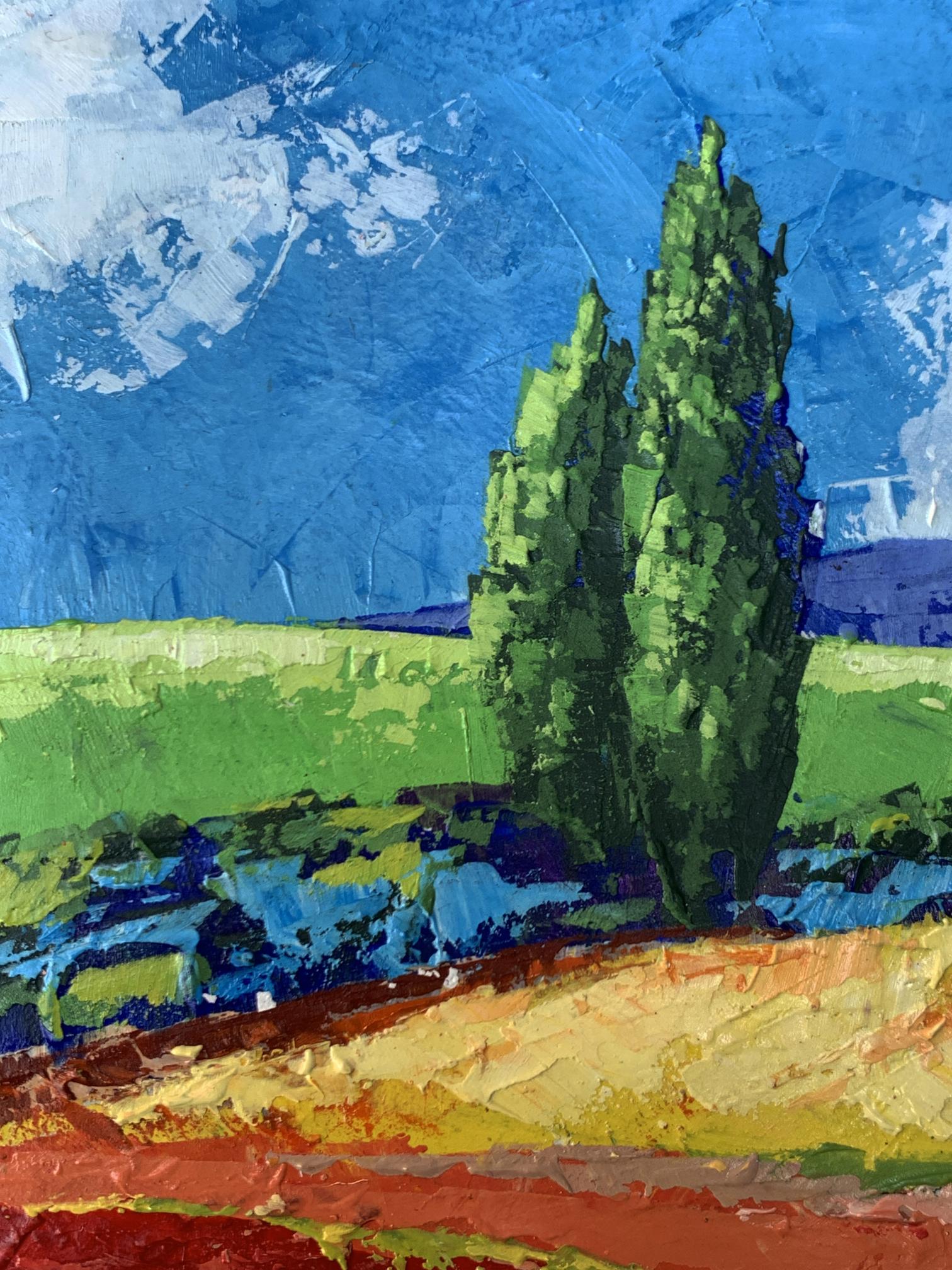 V. Zadorozhnya impressionist oil painting of house in mountains with cypress trees