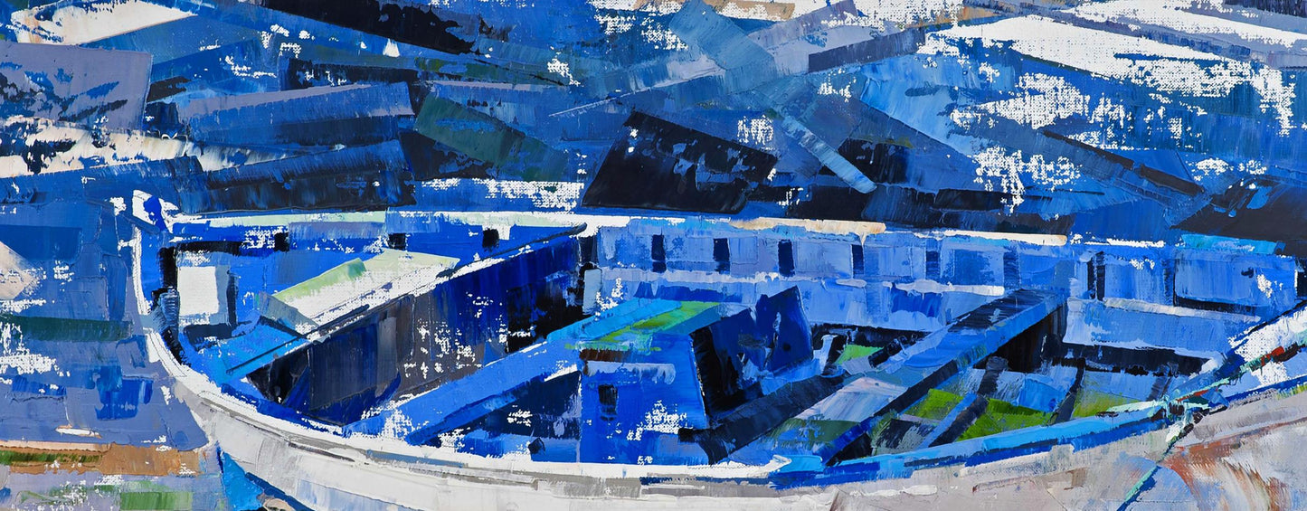 Oil painting Expectation by Volodymyr Gluhomanyuk: blue white weathered wooden boat