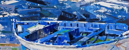 Oil painting Expectation by Volodymyr Gluhomanyuk: blue white weathered wooden boat