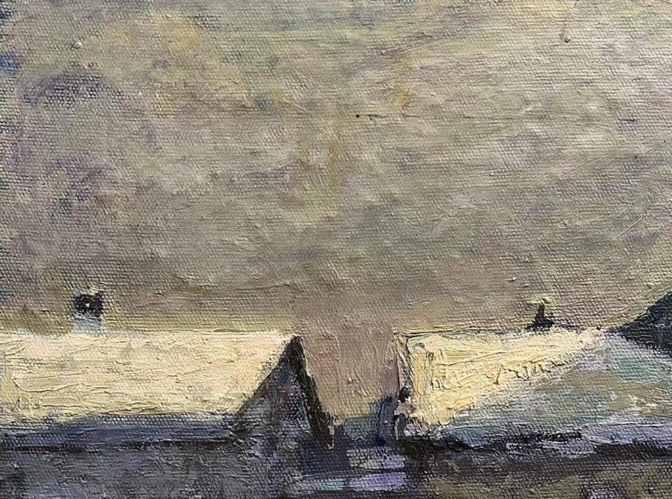 Oil painting Winter walk by Volodymyr Pashchenko, muted coastal rooftops