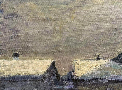 Oil painting Winter walk by Volodymyr Pashchenko, muted coastal rooftops
