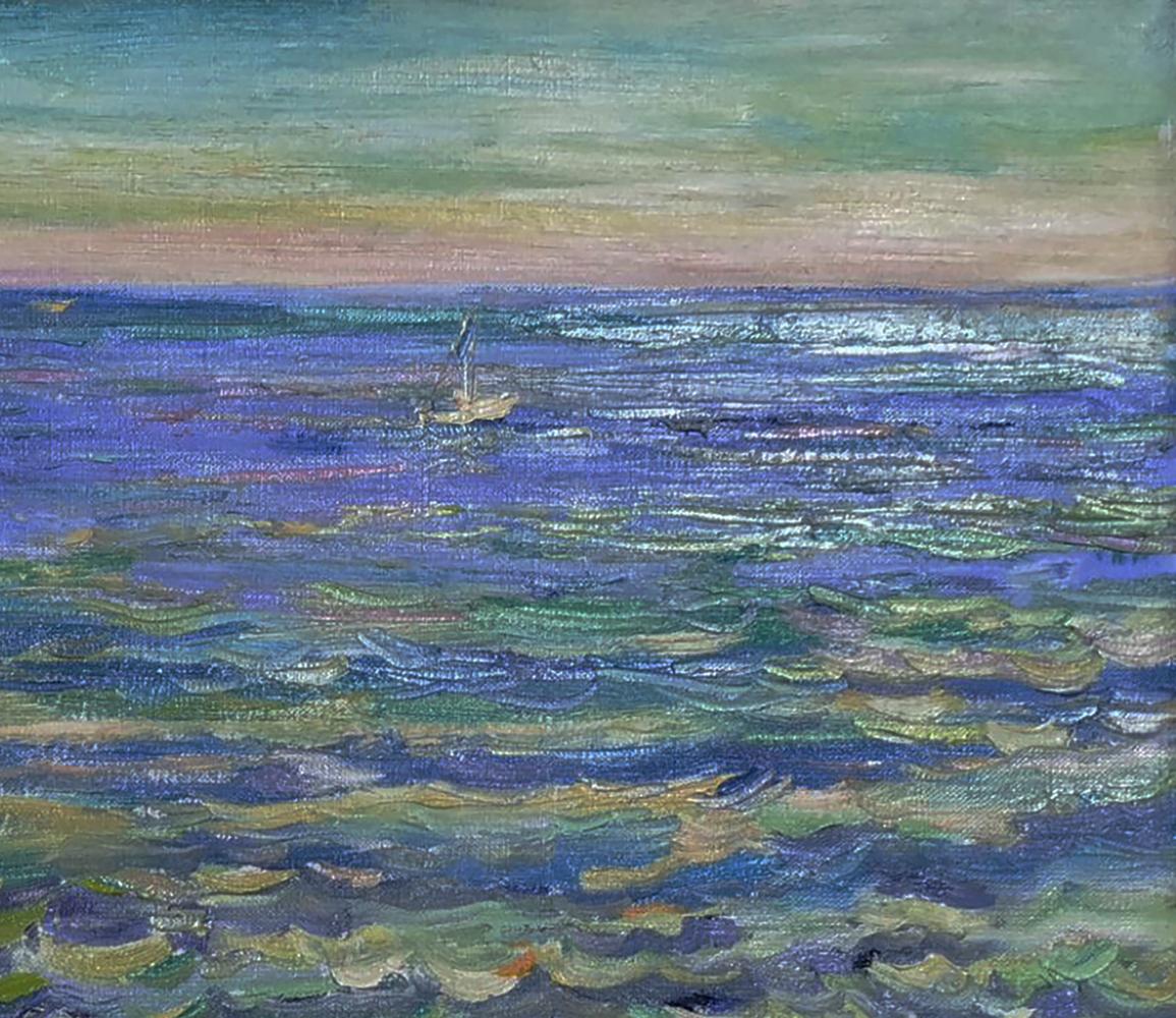 Oil painting Quiet Sea Evening by Leonid Pavlenko: small white sailboat on impressionistic sea