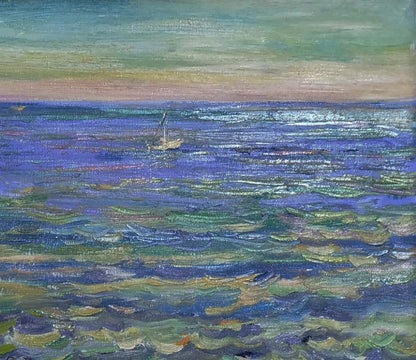 Oil painting Quiet Sea Evening by Leonid Pavlenko: small white sailboat on impressionistic sea