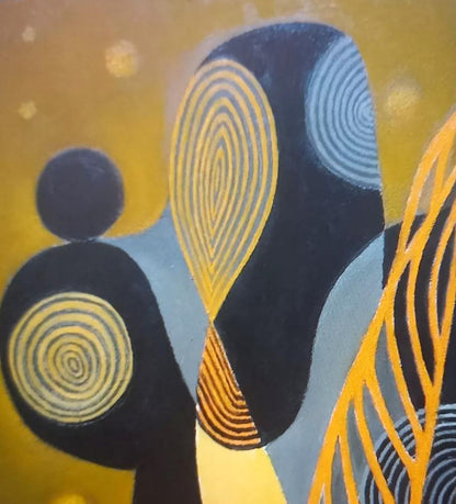 Oil painting Excitement by Alexander Strashevich with bold black blue yellow concentric circles