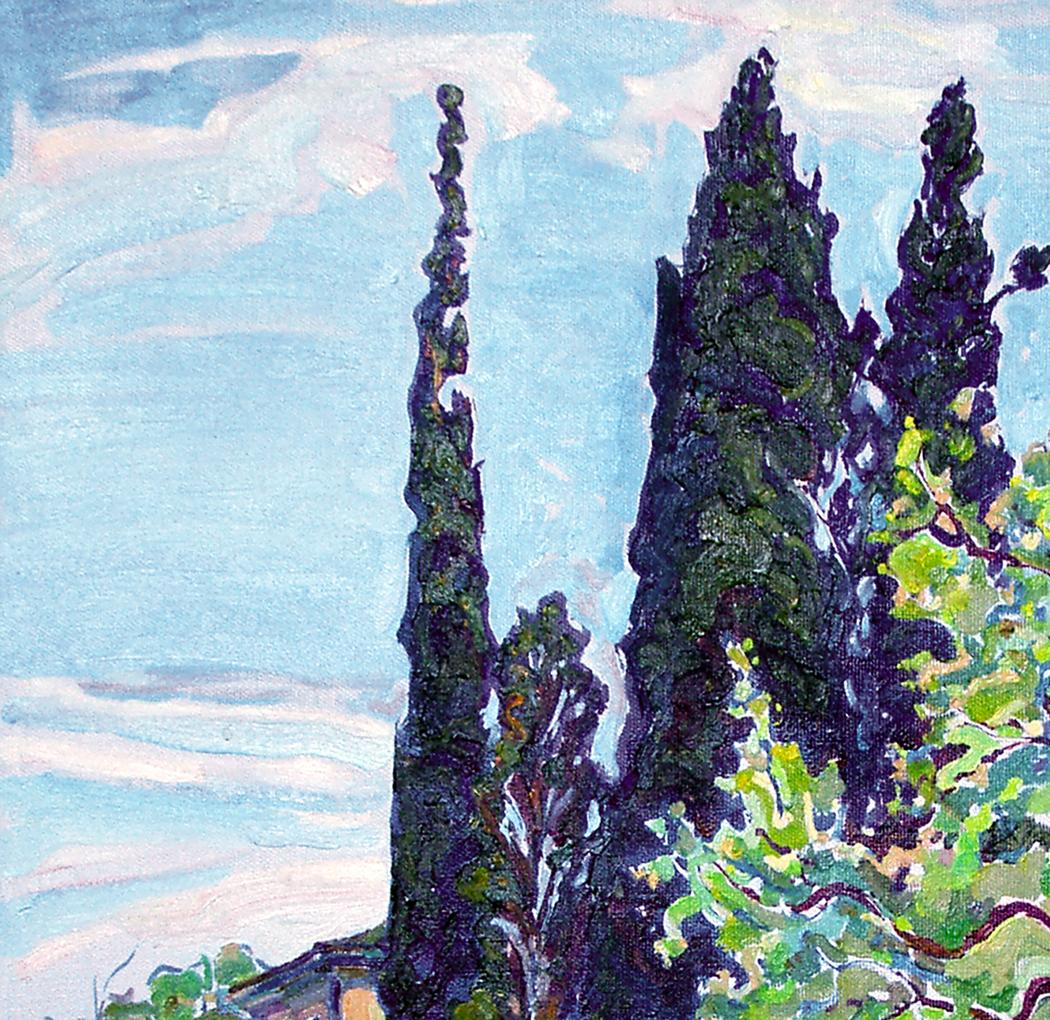 Oil painting of tall slender cypress trees by Leonid Pavlenko