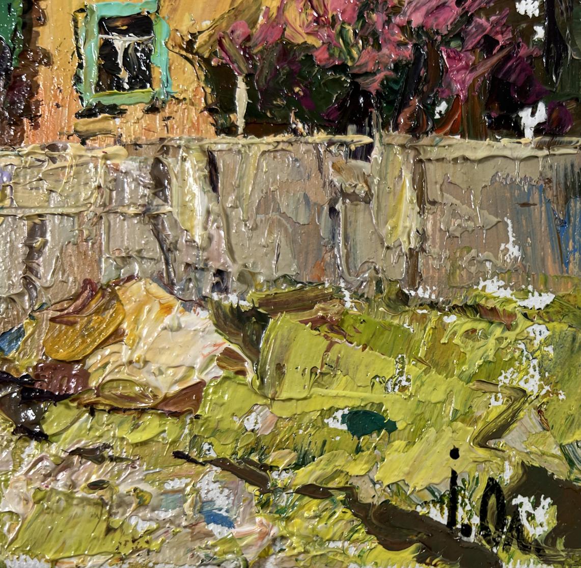 Impasto oil painting Light at days end by Oleksiy Ivanyuk, rustic stone wall