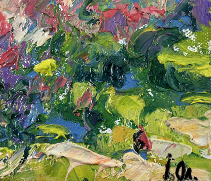 Vibrant oil painting Spring colors by Oleksiy Ivanyuk with bold green blue pink purple strokes