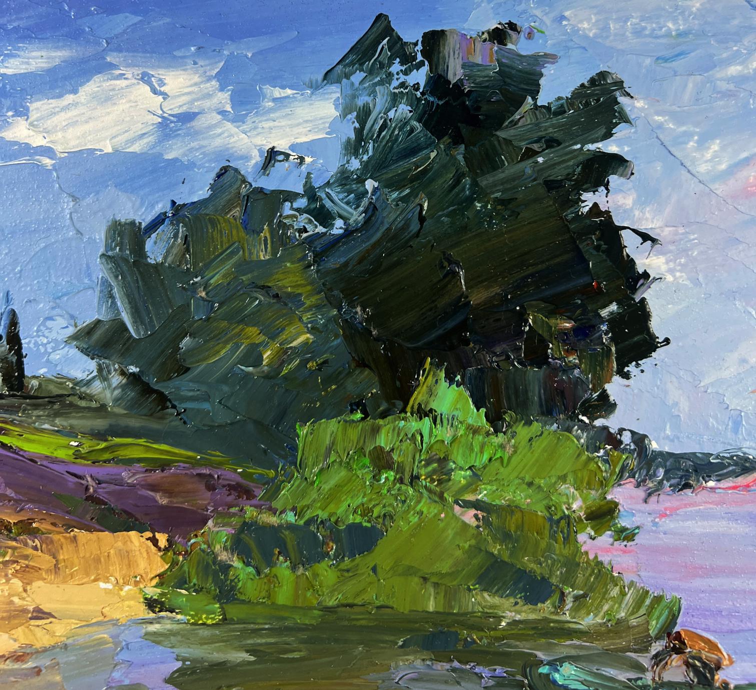 Oil painting of dark green tree by Boris Serdyuk, Thoughts of a lonely fisherman
