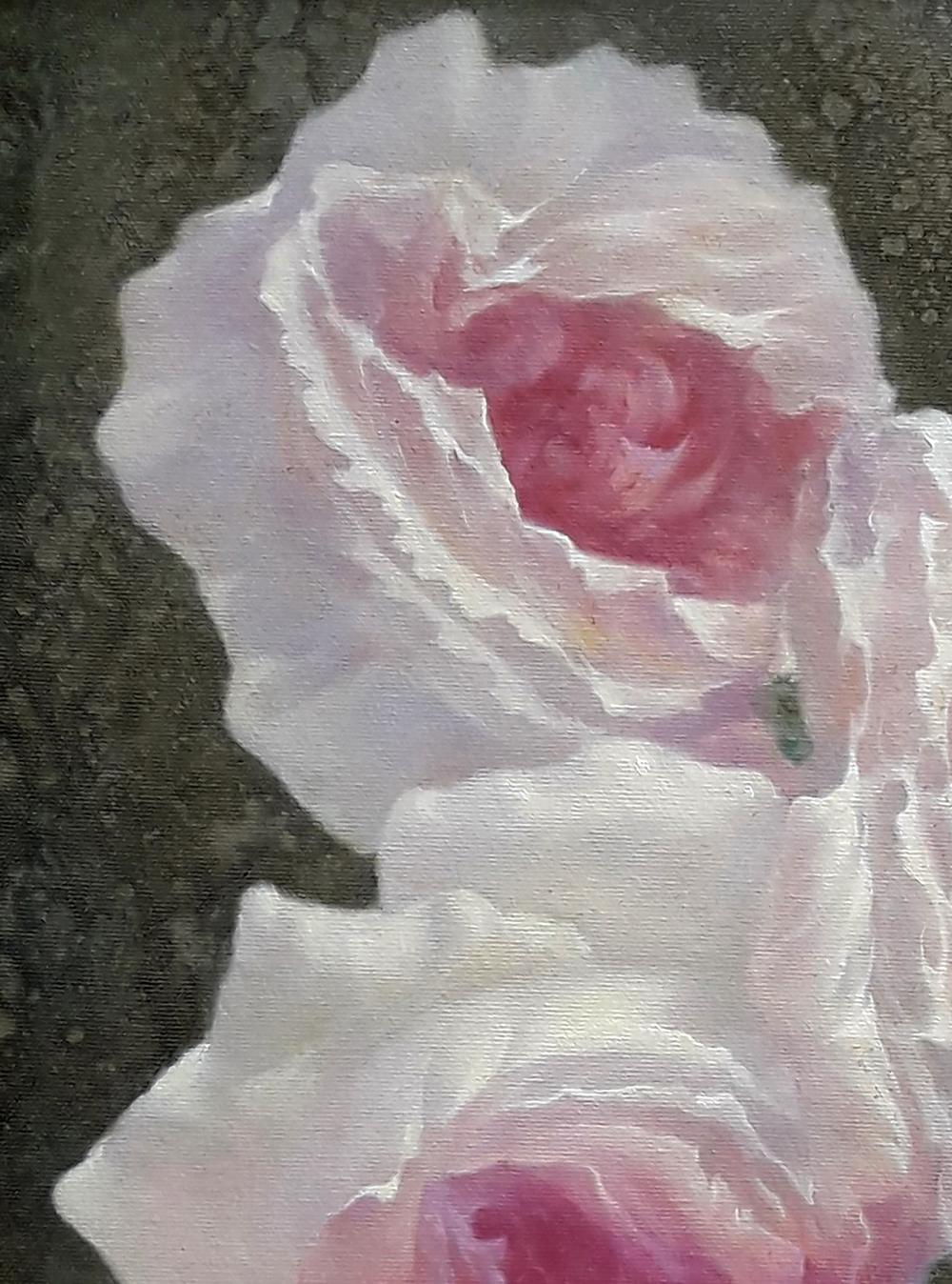 Oil painting of delicate pink rose by Vasily Korkishko