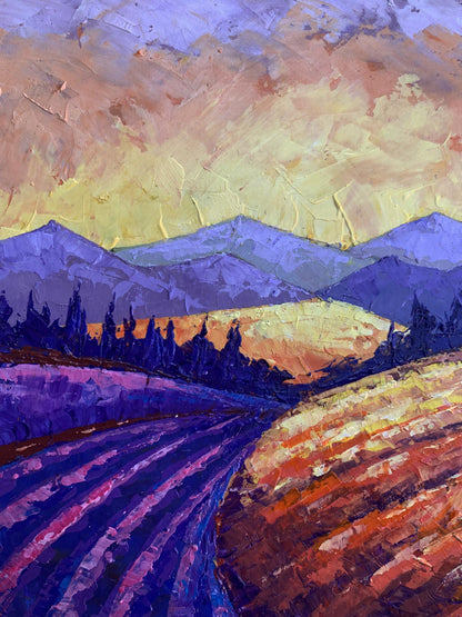 Vibrant impressionist oil painting by V. Zadorozhnya: mountain sunset with lavender field