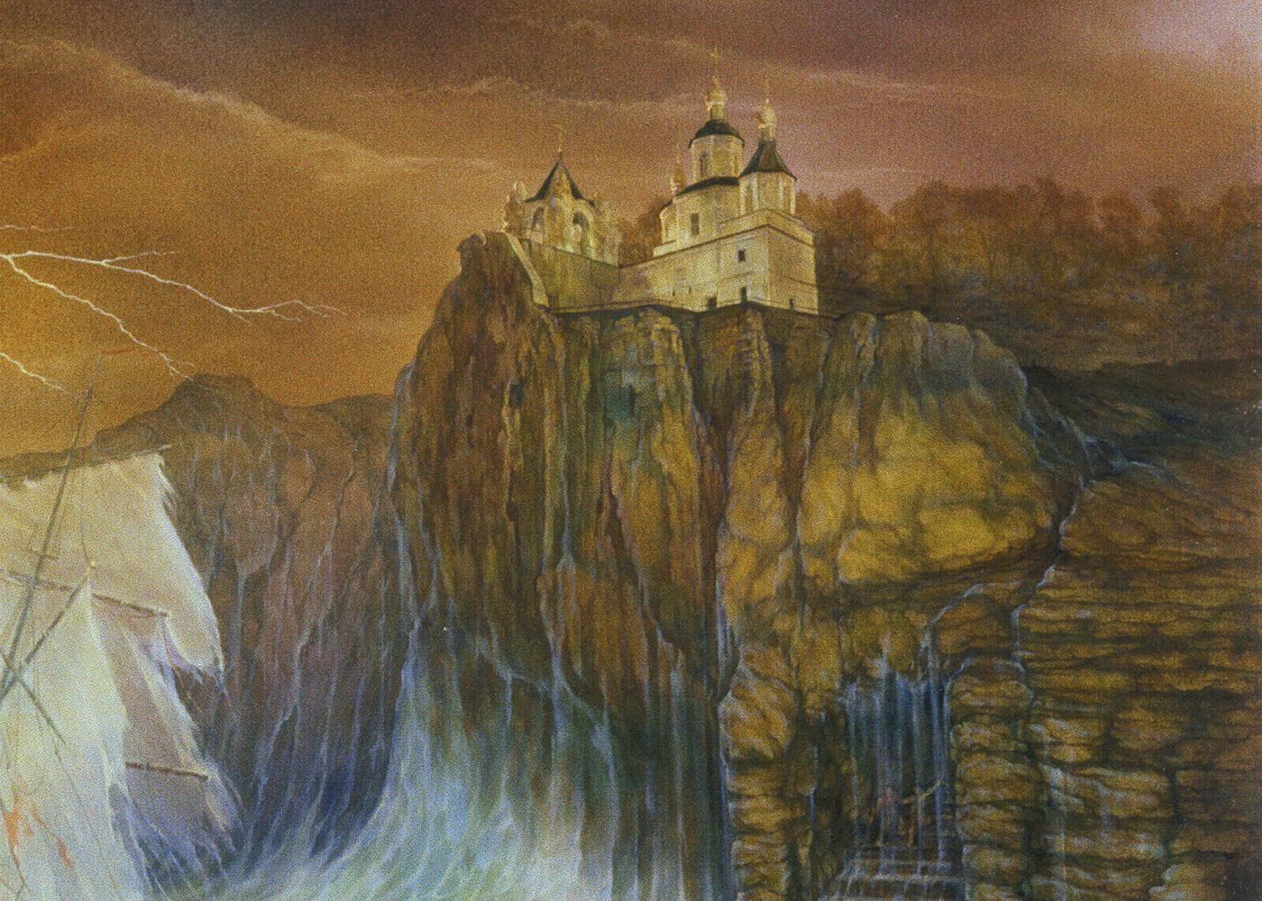 Oil painting by Vasily Korkishko: white stone church with golden domes on cliffside amid waterfalls and storm