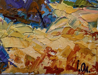 Vibrant oil painting Haystacks in a field by Oleksiy Ivanyuk with bold textured strokes