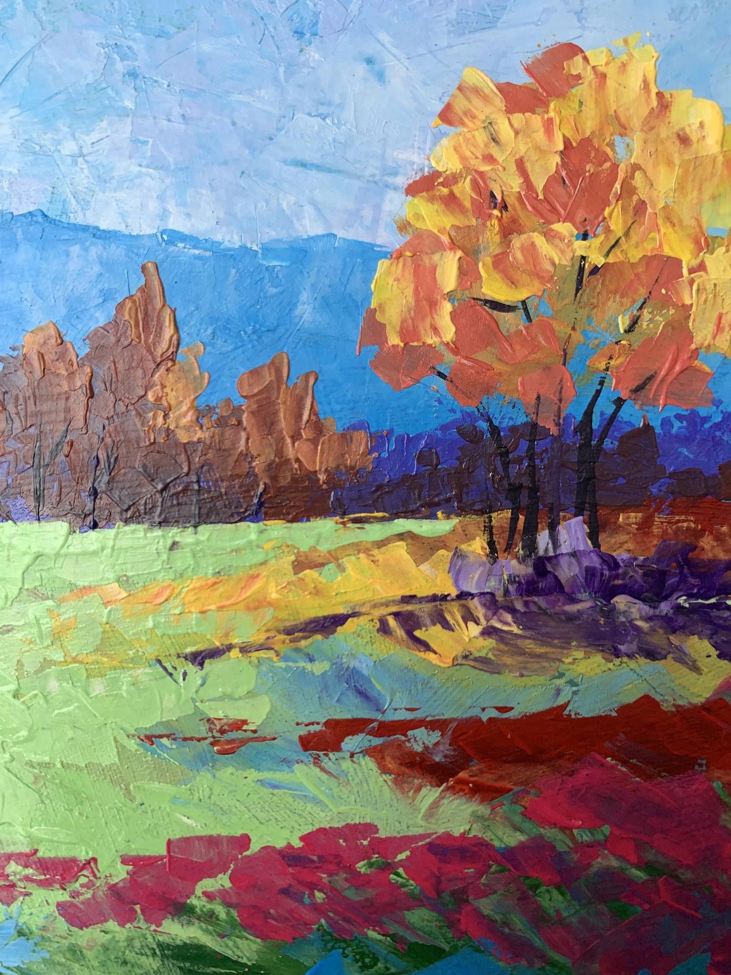 Vibrant impressionist oil painting Autumn lonely tree by V. Zadorozhnya