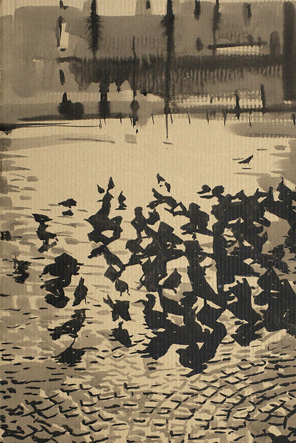 Monochromatic ink wash of birds on Dam Square by Dima Filatov