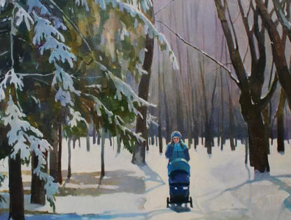 Oil painting by Anastasia Yaroshevich: person pushes stroller on snowy path