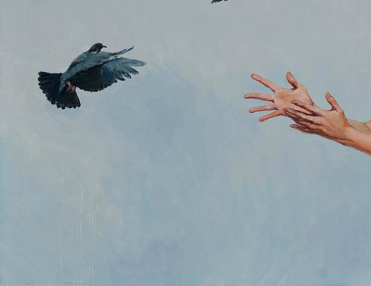Oil painting of dark gray pigeon in flight by Oleg Kateryniuk