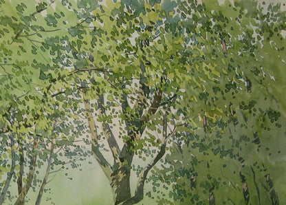Watercolor painting of green forest tree by Valery Savenets
